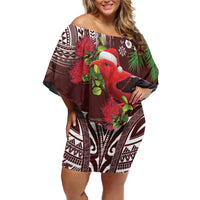 Christmas Hawaii with I'iwi Bird Family Matching Off Shoulder Short Dress and Hawaiian Shirt Aloha Mele Kalikimaka - Oxblood Art LT9 Mom's Dress Oxblood - Polynesian Pride
