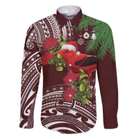 Christmas Hawaii with I'iwi Bird Family Matching Tank Maxi Dress and Hawaiian Shirt Aloha Mele Kalikimaka - Oxblood Art LT9 Dad's Shirt - Long Sleeve Oxblood - Polynesian Pride