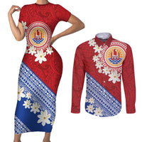 French Polynesia Couples Matching Short Sleeve Bodycon Dress and Long Sleeve Button Shirt Tahitian Tiare Flowers Tribal
