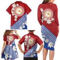 French Polynesia Family Matching Long Sleeve Bodycon Dress and Hawaiian Shirt Tahitian Tiare Flowers Tribal