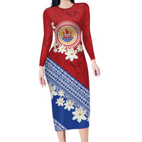 French Polynesia Family Matching Long Sleeve Bodycon Dress and Hawaiian Shirt Tahitian Tiare Flowers Tribal