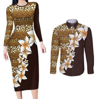 Vintage Hibiscus Turtle Pattern Couples Matching Long Sleeve Bodycon Dress and Long Sleeve Button Shirt with Plumeria Half Style