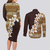 Vintage Hibiscus Turtle Pattern Couples Matching Long Sleeve Bodycon Dress and Long Sleeve Button Shirt with Plumeria Half Style