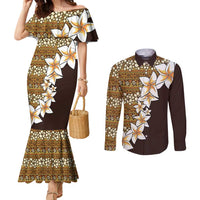 Vintage Hibiscus Turtle Pattern Couples Matching Mermaid Dress and Long Sleeve Button Shirt with Plumeria Half Style