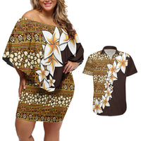 Vintage Hibiscus Turtle Pattern Couples Matching Off Shoulder Short Dress and Hawaiian Shirt with Plumeria Half Style LT9 Gold - Polynesian Pride