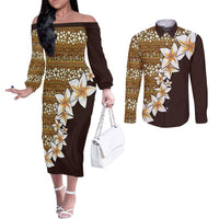 Vintage Hibiscus Turtle Pattern Couples Matching Off The Shoulder Long Sleeve Dress and Long Sleeve Button Shirt with Plumeria Half Style