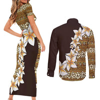 Vintage Hibiscus Turtle Pattern Couples Matching Short Sleeve Bodycon Dress and Long Sleeve Button Shirt with Plumeria Half Style