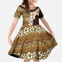 Vintage Hibiscus Turtle Pattern Family Matching Short Sleeve Bodycon Dress and Hawaiian Shirt with Plumeria Half Style LT9 Daughter's Dress Gold - Polynesian Pride