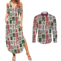 Mele Kalikimaka Hawaiian Quilt and Lei Patchwork Couples Matching Summer Maxi Dress and Long Sleeve Button Shirt - Polynesian Pride