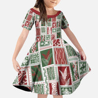 Mele Kalikimaka Hawaiian Quilt and Lei Patchwork Family Matching Long Sleeve Bodycon Dress and Hawaiian Shirt LT9 Daughter's Dress Red - Polynesian Pride