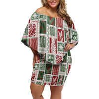 Mele Kalikimaka Hawaiian Quilt and Lei Patchwork Family Matching Off Shoulder Short Dress and Hawaiian Shirt LT9 Mom's Dress Red - Polynesian Pride
