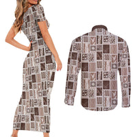 Vintage Aloha Block Quilt Couples Matching Short Sleeve Bodycon Dress and Long Sleeve Button Shirt Beige Inspired Lei Motifs - Polynesian Pride