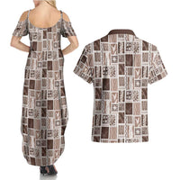 Vintage Aloha Block Quilt Couples Matching Summer Maxi Dress and Hawaiian Shirt Beige Inspired Lei Motifs - Polynesian Pride