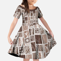 Vintage Aloha Block Quilt Family Matching Off The Shoulder Long Sleeve Dress and Hawaiian Shirt Beige Inspired Lei Motifs LT9 Daughter's Dress Beige - Polynesian Pride