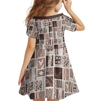 Vintage Aloha Block Quilt Family Matching Off Shoulder Maxi Dress and Hawaiian Shirt Beige Inspired Lei Motifs - Polynesian Pride