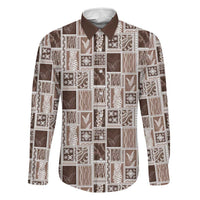 Vintage Aloha Block Quilt Family Matching Tank Maxi Dress and Hawaiian Shirt Beige Inspired Lei Motifs LT9 Dad's Shirt - Long Sleeve Beige - Polynesian Pride