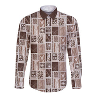 Vintage Aloha Block Quilt Long Sleeve Button Shirt Beige Inspired Lei Motifs - Polynesian Pride