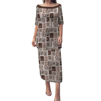 Vintage Aloha Block Quilt Puletasi Beige Inspired Lei Motifs LT9 Long Dress Beige - Polynesian Pride