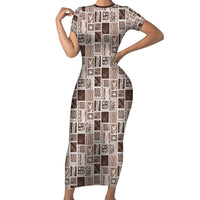Vintage Aloha Block Quilt Short Sleeve Bodycon Dress Beige Inspired Lei Motifs LT9 Long Dress Beige - Polynesian Pride