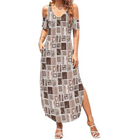 Vintage Aloha Block Quilt Summer Maxi Dress Beige Inspired Lei Motifs LT9 Women Beige - Polynesian Pride