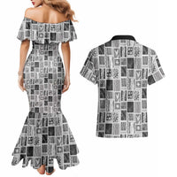 Vintage Aloha Block Quilt Couples Matching Mermaid Dress and Hawaiian Shirt Black Inspired Lei Motifs - Polynesian Pride