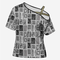 Vintage Aloha Block Quilt Cross Shoulder Shirt Black Inspired Lei Motifs - Polynesian Pride