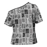 Vintage Aloha Block Quilt Cross Shoulder Shirt Black Inspired Lei Motifs - Polynesian Pride
