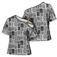 Vintage Aloha Block Quilt Cross Shoulder Shirt Black Inspired Lei Motifs LT9 - Polynesian Pride