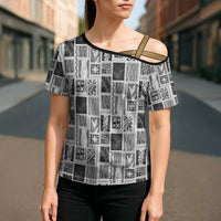 Vintage Aloha Block Quilt Cross Shoulder Shirt Black Inspired Lei Motifs - Polynesian Pride