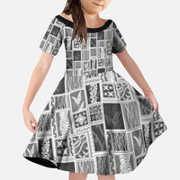 Vintage Aloha Block Quilt Family Matching Off Shoulder Maxi Dress and Hawaiian Shirt Black Inspired Lei Motifs LT9 Daughter's Dress Black - Polynesian Pride