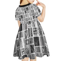 Vintage Aloha Block Quilt Kid Short Sleeve Dress Black Inspired Lei Motifs LT9 - Polynesian Pride