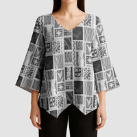 Vintage Aloha Block Quilt Kimono Sleeve Blouse Black Inspired Lei Motifs - Polynesian Pride