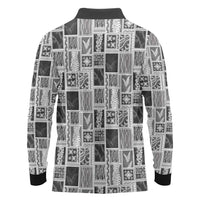 Vintage Aloha Block Quilt Long Sleeve Polo Shirt Black Inspired Lei Motifs - Polynesian Pride