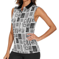 Vintage Aloha Block Quilt Women Sleeveless Polo Shirt Black Inspired Lei Motifs - Polynesian Pride