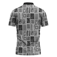Vintage Aloha Block Quilt Zipper Polo Shirt Black Inspired Lei Motifs - Polynesian Pride