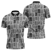 Vintage Aloha Block Quilt Zipper Polo Shirt Black Inspired Lei Motifs - Polynesian Pride