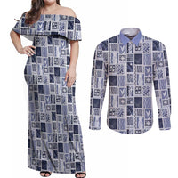 Vintage Aloha Block Quilt Couples Matching Off Shoulder Maxi Dress and Long Sleeve Button Shirt Blue Inspired Lei Motifs - Polynesian Pride