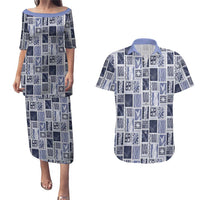Vintage Aloha Block Quilt Couples Matching Puletasi and Hawaiian Shirt Blue Inspired Lei Motifs - Polynesian Pride