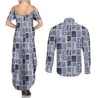 Vintage Aloha Block Quilt Couples Matching Summer Maxi Dress and Long Sleeve Button Shirt Blue Inspired Lei Motifs - Polynesian Pride