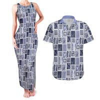Vintage Aloha Block Quilt Couples Matching Tank Maxi Dress and Hawaiian Shirt Blue Inspired Lei Motifs - Polynesian Pride