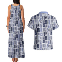 Vintage Aloha Block Quilt Couples Matching Tank Maxi Dress and Hawaiian Shirt Blue Inspired Lei Motifs - Polynesian Pride