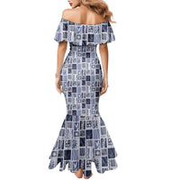 Vintage Aloha Block Quilt Family Matching Mermaid Dress and Hawaiian Shirt Blue Inspired Lei Motifs - Polynesian Pride
