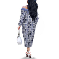 Vintage Aloha Block Quilt Family Matching Off The Shoulder Long Sleeve Dress and Hawaiian Shirt Blue Inspired Lei Motifs - Polynesian Pride