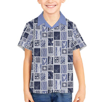 Vintage Aloha Block Quilt Family Matching Off The Shoulder Long Sleeve Dress and Hawaiian Shirt Blue Inspired Lei Motifs - Polynesian Pride