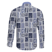 Vintage Aloha Block Quilt Family Matching Off Shoulder Maxi Dress and Hawaiian Shirt Blue Inspired Lei Motifs - Polynesian Pride