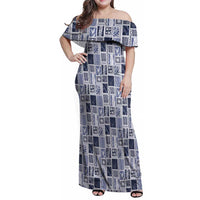 Vintage Aloha Block Quilt Family Matching Off Shoulder Maxi Dress and Hawaiian Shirt Blue Inspired Lei Motifs - Polynesian Pride