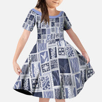 Vintage Aloha Block Quilt Family Matching Off Shoulder Short Dress and Hawaiian Shirt Blue Inspired Lei Motifs - Polynesian Pride