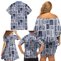 Vintage Aloha Block Quilt Family Matching Off Shoulder Short Dress and Hawaiian Shirt Blue Inspired Lei Motifs - Polynesian Pride
