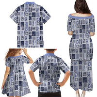 Vintage Aloha Block Quilt Family Matching Puletasi and Hawaiian Shirt Blue Inspired Lei Motifs - Polynesian Pride