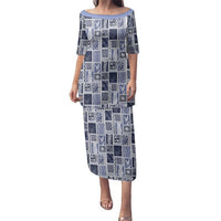 Vintage Aloha Block Quilt Family Matching Puletasi and Hawaiian Shirt Blue Inspired Lei Motifs - Polynesian Pride